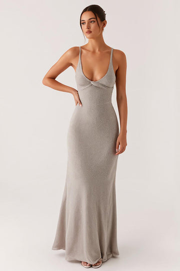 Robe formelle sirène à bretelles spaghetti grises à lacets dans le dos